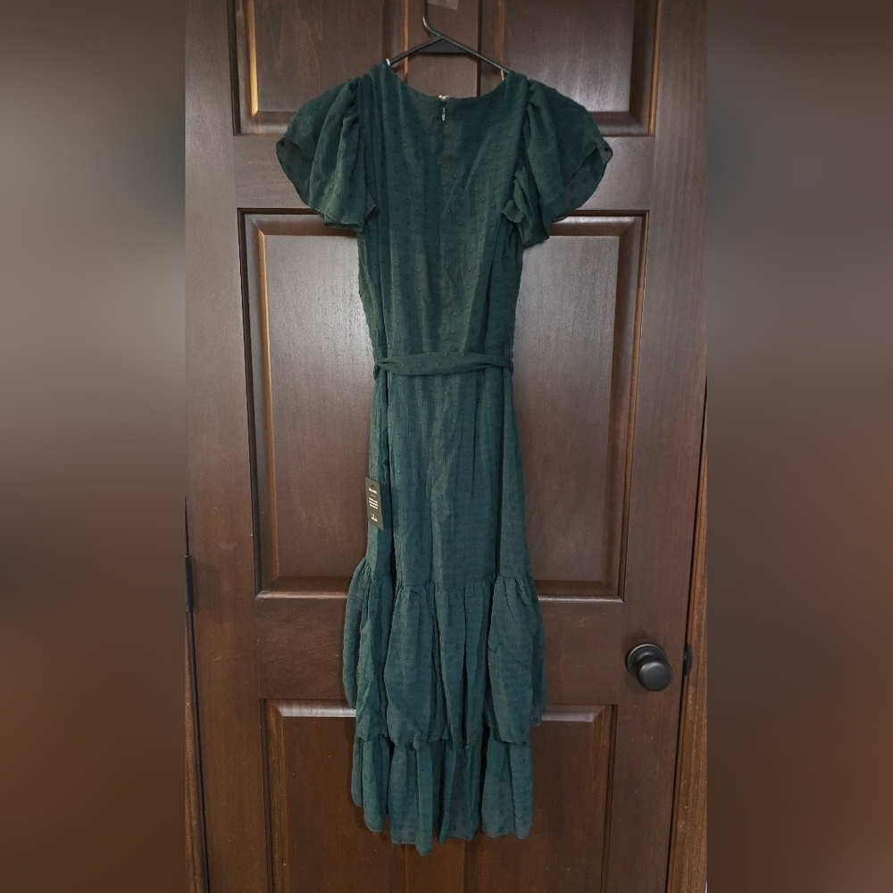 Lulus Have Harmony Dark Green Swiss Dot Ruffled Faux Wrap Midi Dress XXS NWT - Picture 5 of 6